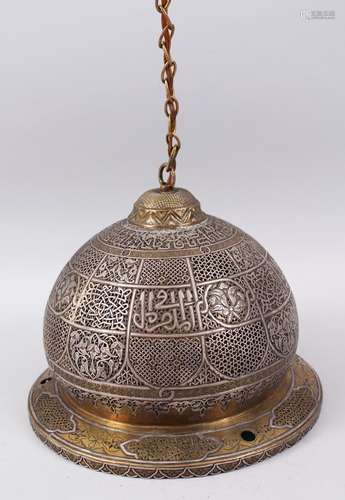 A 19TH CENTURY DAMASCUS MAMLUK REVIVAL SILVER INLAID HANGING LAMP converted to electricity, 29cm