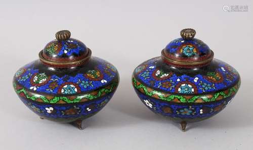 A PAIR OF JAPANESE LATE MEIJI / EARLY TAISHO PERIOD CLOISONNE KOROS & COVERS, the body of the