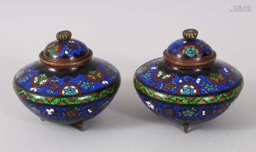 A PAIR OF JAPANESE LATE MEIJI / EARLY TAISHO PERIOD CLOISONNE KOROS & COVERS, the body of the