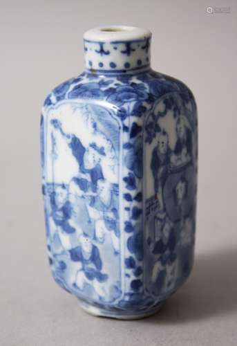 AN UNUSUAL 18TH CENTURY CHINESE BLUE & WHITE SQUARE FORM PORCELAIN SNUFF BOTTLE OF BOYS, the