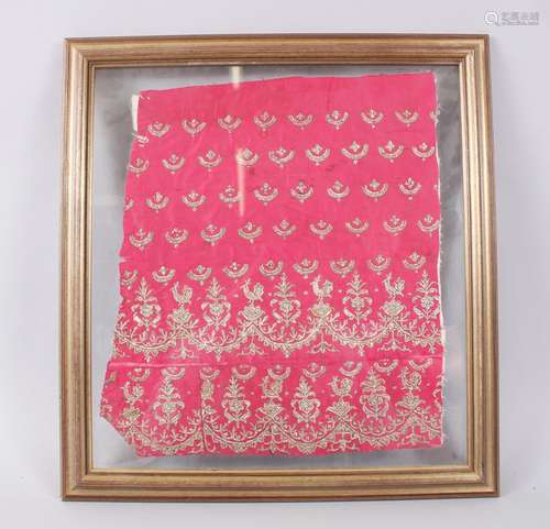 A FRAMED AND GLAZED INDIAN SILKWORK with gold thread, 36cm x 30cm.