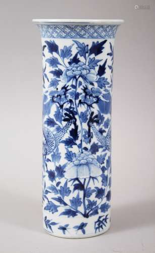 A 19TH CENTURY CHINESE BLUE AND WHITE PORCELAIN DRAGON CYLINDRICAL VASE, decorated with scenes of