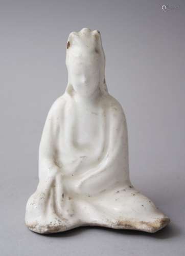 A CHINESE BLANC DE CHINE FIGURE OF SEATED GUANYIN, 11cm high x 8cm wide.
