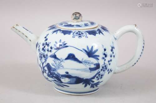 A CHINESE BLUE AND WHITE KANGXI PORCELAIN TEAPOT & COVER, the body of the pot with floral and