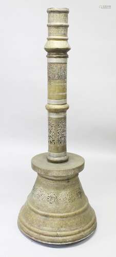 A VERY LARGE 19TH CENTURY DAMASCUS MAMLUK REVIVAL PIERCED BRASS CANDLESTICK, 143cm high.