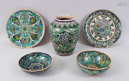 A COLLECTION OF FIVE ARMENIAN PALASTINE POTTERY PIECES, pair of circular plates 20cm diameter.