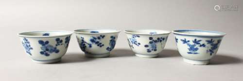 A GROUP OF FOUR CHINESE KANGXI PERIOD SHIPWRECK BLUE & WHITE PORCELAIN TEABOWLS , each painted