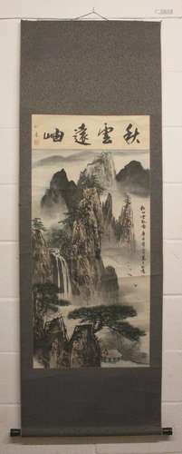 A CHINESE HANGING SCROLL PAINTING ON PAPER BY XIAN KE, painted with a panel of calligraphy above a