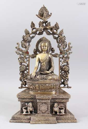 A GOOD SINO TIBETAN BRONZE BUDDHA / DEITY, seated upon a fitted bronze base and surround, the