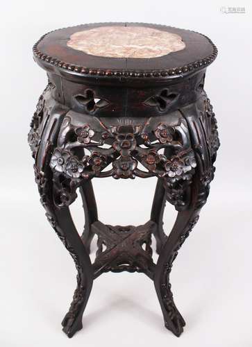 A GOOD 19TH CENTURY CHINESE HARDWOOD & MARBLE TOP PLATER / STAND, the top inset with marble, the