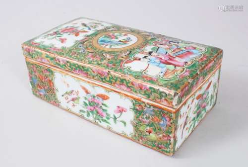 A 19TH CENTURY CHINESE CANTON FAMILLE ROSE PORCELAIN BOX & COVER, the box with typical decoration of