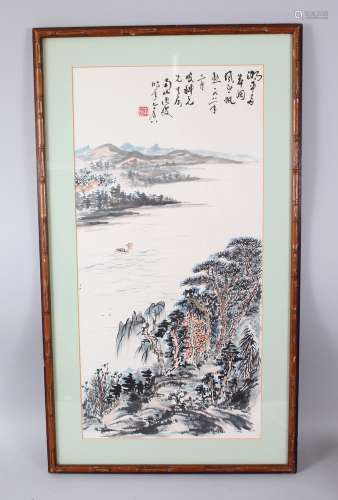 A 19TH CENTURY CHINESE FRAMED HANGING SCROLL WATER COLOUR, depicting a lakeside setting, the upper