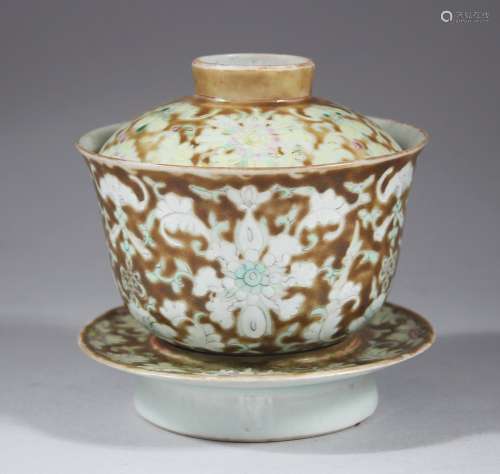 A GOOD 19TH CENTURY CHINESE BISCUIT GROUND ENAMEL TEA BOWL SET, comprising of stand, bowl & cover,