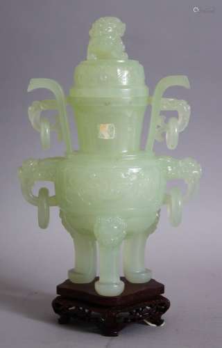 A LARGE CHINESE JADE LION DOG TRIPOD CENSER & COVER, the body of the censor with lion dog head