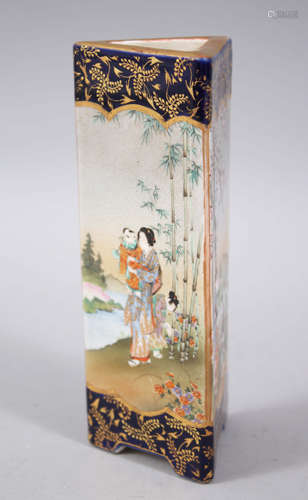 A GOOD JAPANESE MEIJI PERIOD SATSUMA TRIANGULAR VASE, painted with panels of geisha and children