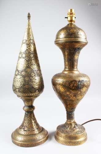 TWO 19TH CENTURY PERSIAN QAJAR CHASED BRASS PIECES, one converted to a lamp.
