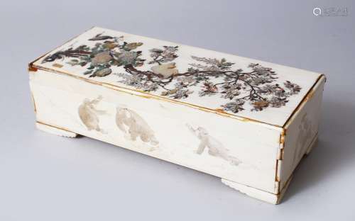 A JAPANESE MEIJI PERIOD CARVED IVORY & SHIBAYAMA MONKEY BOX & COVER, the lid decorated using