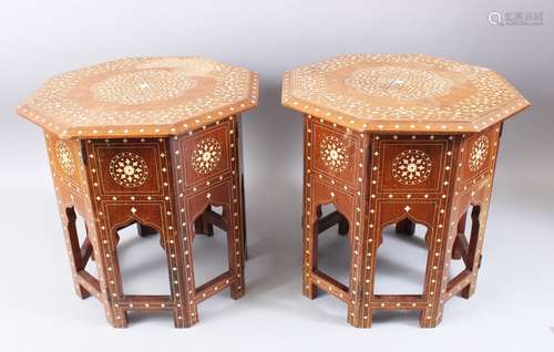 A GOOD PAIR OF PERSIAN BONE INLAID OCTAGONAL TABLES, 36cm wide x 35cm high.