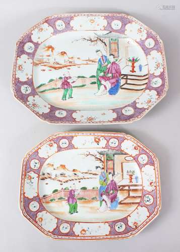 TWO 18TH CENTURY CHINESE MANDARIN OCTAGONAL PORCELAIN SERVING DISHES, both with similar decoration