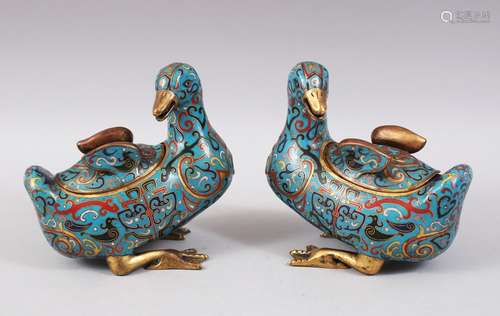 A GOOD PAIR OF CHINESE MING DYNASTY CLOISONNE DUCK / GEESE KOROS, the blue ground with various