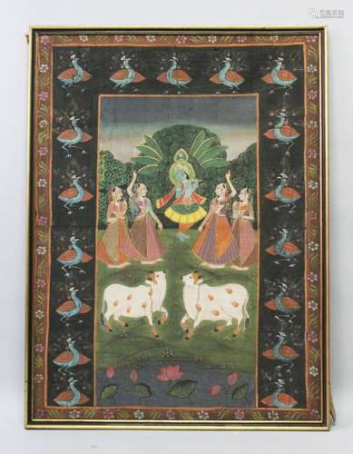 A 19TH-20TH CENTURY FRAMED INDIAN PAINTING ON TEXTILE depicting a blue skin god playing a flute