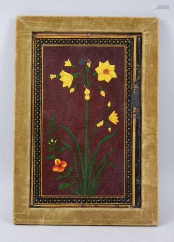 A 19TH CENTURY PERSIAN QAJAR LACQUER PAPIER MACHE PANEL of flowers, 28cm x 18cm in a velvet frame.