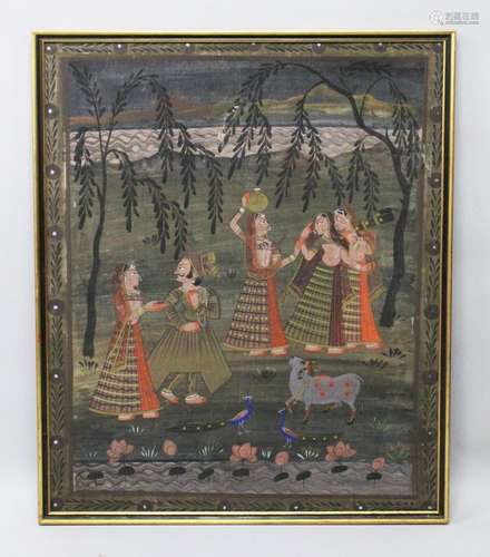 A 19TH-20TH CENTURY FRAMED INDIAN PAINTING ON TEXTILE depicting four ladies and one man stood in a