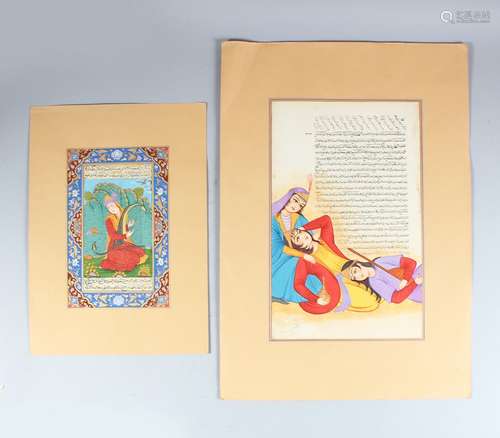 TWO PERSIAN HAND PAINTED MANUSCRIPTS, 22cm x 14cm and 33cm x 22cm.