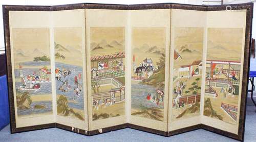 A GOOD JAPANESE MEIJI PERIOD SIX FOLD PAINTED SCREEN, the screen painted on paper with silk outer'