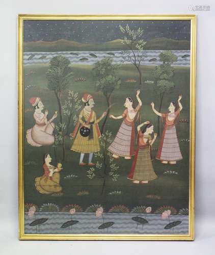 A 19TH-20TH CENTURY FRAMED INDIAN PAINTING ON TEXTILE depicting two gentleman, one seated and