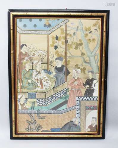 A GOOD 19TH-20TH CENTURY FRAMED INDIAN PAINTING ON TEXTILE depicting figures bowing/praying in a