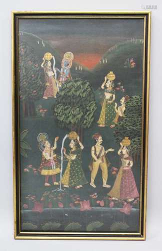 A 19TH-20TH CENTURY FRAMED INDIAN PAINTING ON TEXTILE depicting a blue skin god with seven other