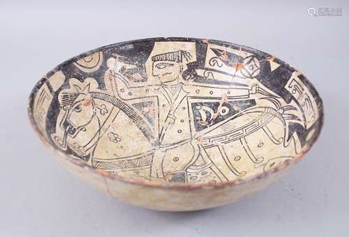 A RARE 9TH-10TH CENTURY NISHAPUR CIRCULAR POTTERY BOWL with cream ground decorated with horse