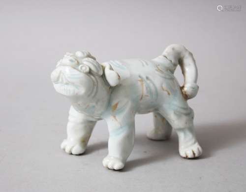 A GOOD JAPANESE EARLY MEIJI PERIOD HIRADO STYLE PORCELAIN FIGURE OF A SHI SHI DOG, stood in a