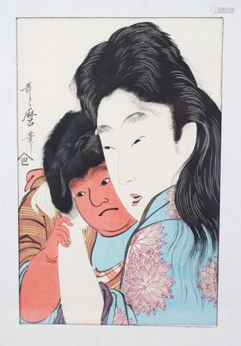 A GOOD JAPANESE EDO / MEIJI PERIOD UKIYO-E / WOOD BLOCK PRINT OF MOTHER AND CHILD BY KITAGAWA