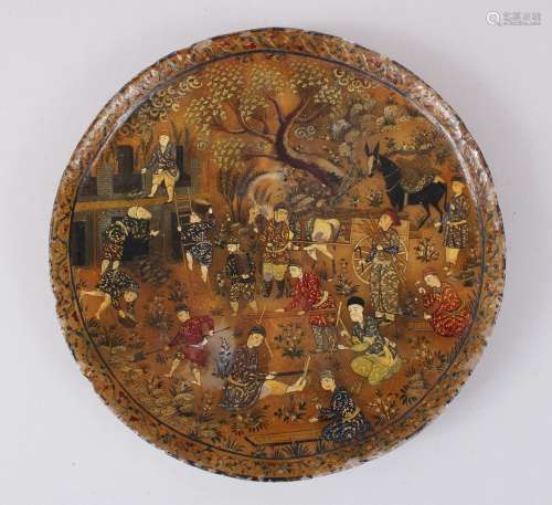 A LATE 19TH CENTURY INDO PERSIAN ALABASTER CIRCULAR DISH, finely painted with many figures at