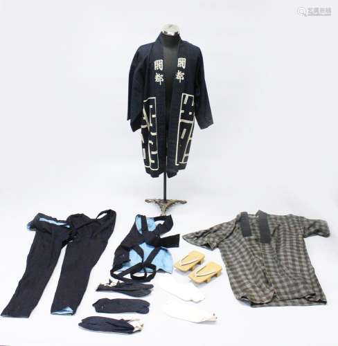 A MIXED LOT OF JAPANESE MEIJI PERIOD UNIFORM / ROBES / GETA / , consisting of a black uniform gown