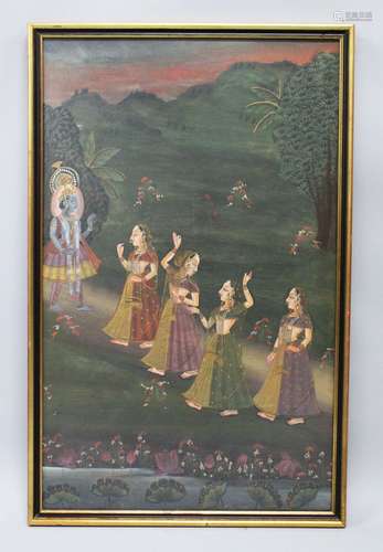 A 19TH-20TH CENTURY FRAMED INDIAN PAINTING ON TEXTILE depicting a blue skin god with four dancing