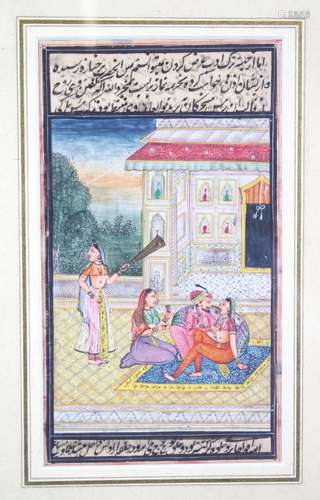 A FRAMED AND GLAZED INDIAN GOUCHE PAINTING with calligraphy, 21cm x 11cm.