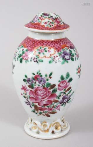 A GOOD 18TH CENTURY CHINESE EXPORT FAMILLE ROSE PORCELAIN TEA CADDY, decorated with scenes of native