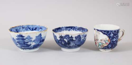 A CHINESE QIANLONG BLUE AND WHITE PORCELAIN COFFEE CUP & TWO TEA BOWLS, the tea bowls decorated with