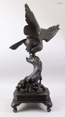 A JAPANESE MEIJI PERIOD SOLID BRONZE HAWK / EAGLE & DRAGON OKIMONO ON BRONZE BASE, the solid