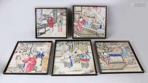 FIVE CHINESE 19TH CENTURY FRAMED PAINTINGS ON PAPER, each depicting different scenes of figures