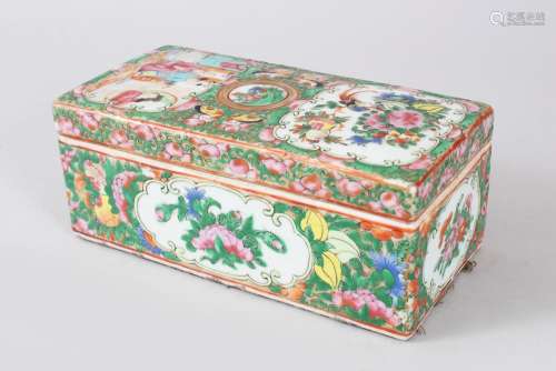 A 19TH CENTURY CHINESE CANTON FAMILLE ROSE PORCELAIN BOX & COVER, the box with typical decoration of