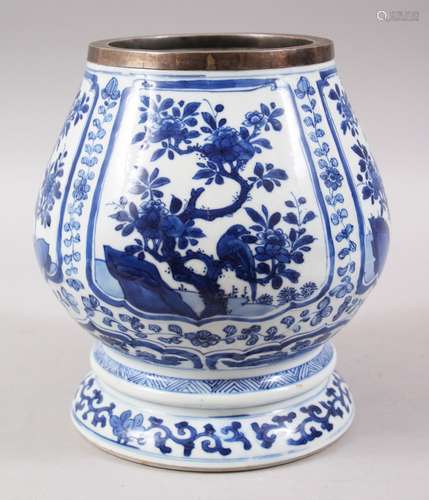 A CHINESE BLUE & WHITE KANGXI PORCELAIN BULB SHAPED VASE, the body with various panels of birds