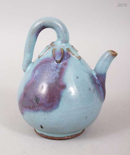 AN UNSUAL 19TH / 20TH CENTURY CHINESE PEACH SHAPED JUN WARE TEAPOT, with the stalk formed as the