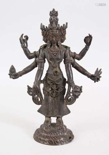 A LARGER 19TH / 20TH CENTURY NEPALESE BRONZE DEITY / BUDDHA, with three heads and six arms each