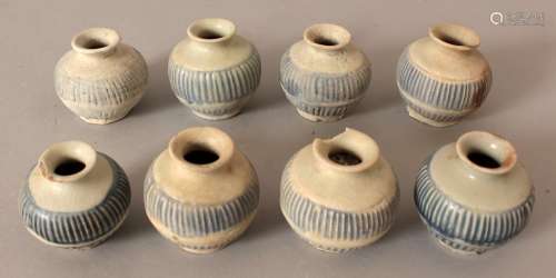 A GROUP OF EIGHT CHINESE LATE MING SHIPWRECK BLUE & WHITE PORCELAIN JARLETS. each approximately