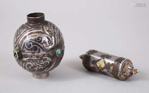 TWO RARE 12TH-13TH CENTURY PERSIAN SELJUK NIELLO INLAID ITEMS, amulet 6cm long and turquoise inset