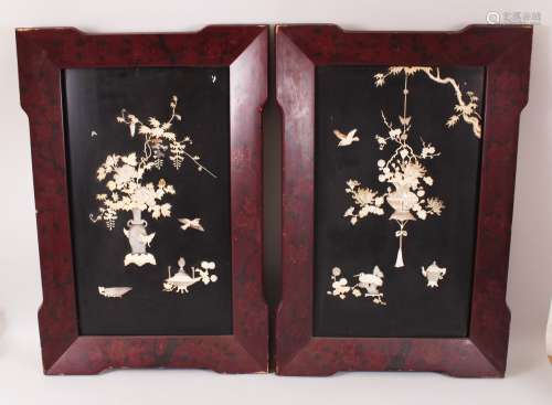 A PAIR OF JAPANESE MEIJI PERIOD SHIBAYAMA IVORY INLAID PANELS, the panels with carved & stained